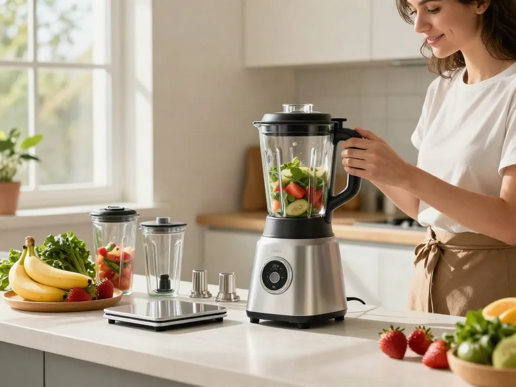 Making smoothies with a powerful blender, showcasing Blender price in bangladesh features in a bright kitchen.