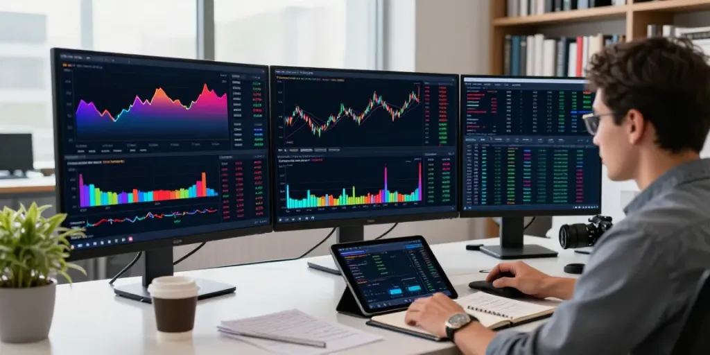 TradingView analyst in modern office analyzing multiple screens with financial charts and indicators.