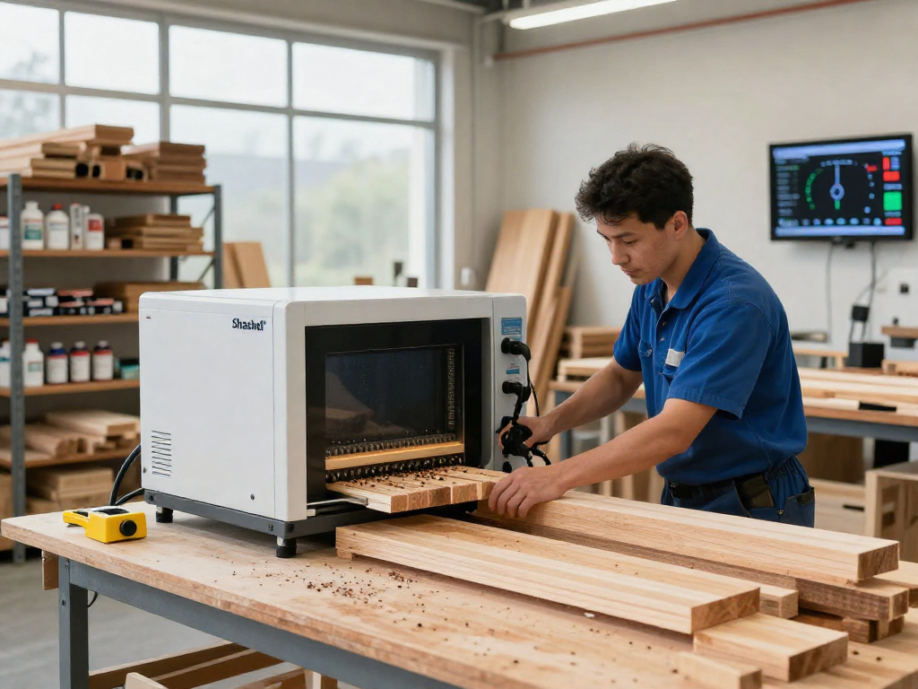 Shashel's microwave technology for quick elimination of wood borers in a professional workshop.