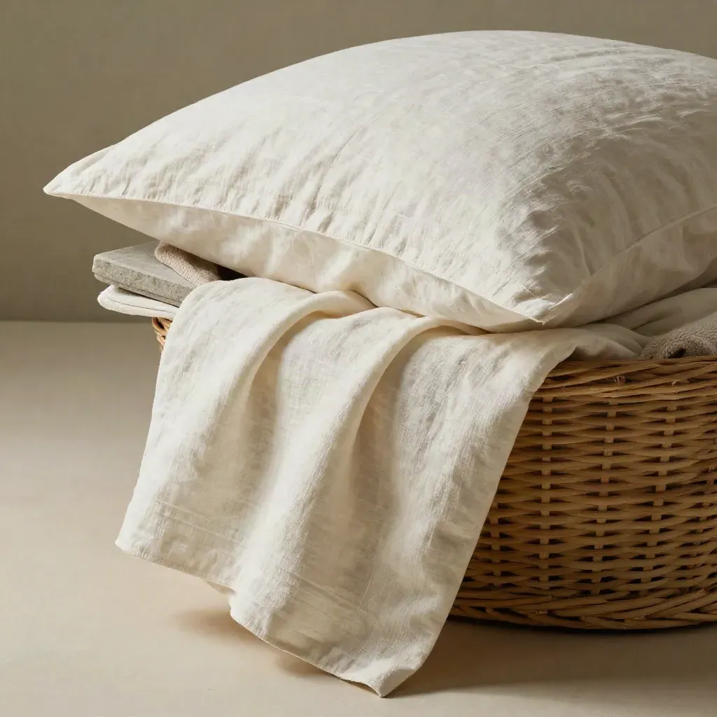 Ivory French linen sheets folded in a woven basket with towel and stone tray in soft studio light