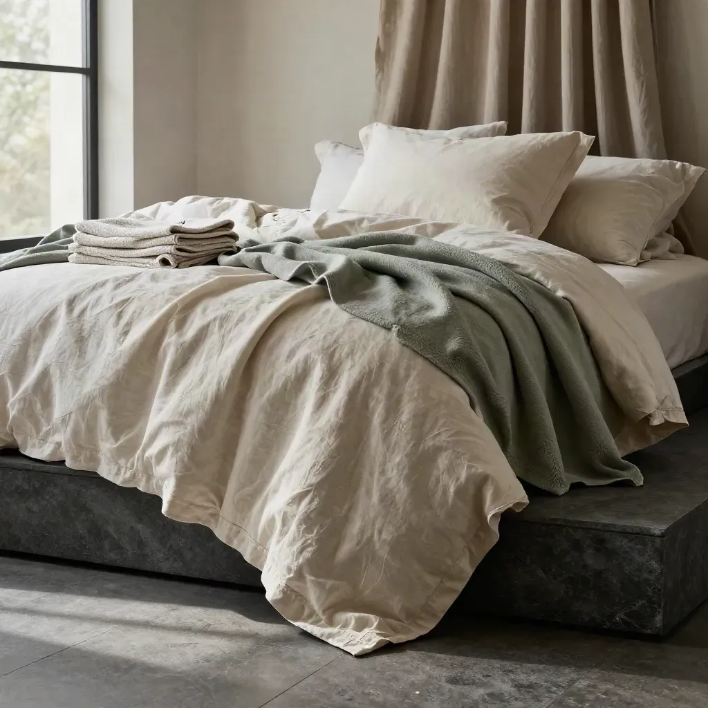 Linen bedding, towels, napkins and curtain folds layered on a charcoal stone platform with sage accents.
