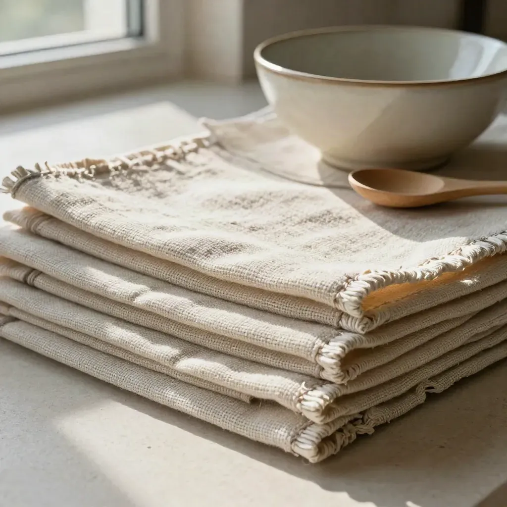 Layered linen placemats with bowl, napkin and spoon on pale stone.