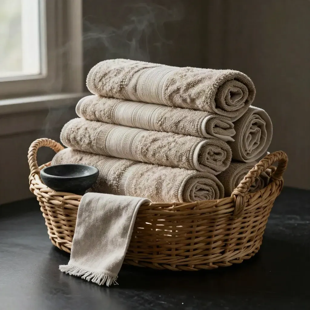 Six rolled linen guest towels in a basket with soap dish on a dark studio surface.