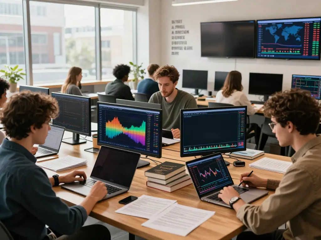 Traders engaged in collaborative discussions analyzing TradingView charts in an urban workspace.
